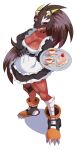  1girl absurdres animal_helmet apron azumiart bandaged_leg bandages bearcatmon black_choker black_dress black_helmet body_freckles boots breast_freckles breasts brown_hair cake cake_slice choker clawed_gloves cleavage cup dark-skinned_female dark_skin digimon digimon_(creature) digimon_beatbreak dress food freckles frilled_dress frills from_above grey_hair grin hand_on_own_hip helmet highres holding holding_plate jacket knee_pads long_hair looking_at_viewer maid maid_apron multicolored_hair multicolored_jacket orange_boots plate red_eyes roller_skates saucer sharp_teeth short_dress simple_background single_knee_pad skates smile solo spoon strawberry_cake tea teacup teeth toned toned_female two-tone_hair two-tone_jacket upturned_eyes very_dark_skin waist_apron white_apron white_background 