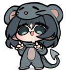  1girl :d animal_costume animal_ears blue_hair blush chibi chibi_only commentary_request ear_piercing full_body hair_between_eyes highres jane_doe_(zenless_zone_zero) looking_at_viewer mouse_costume mouse_ears mouse_girl mouse_tail no_nose no_pupils open_mouth otu_(o2h2_oh4) piercing sharp_tail short_hair simple_background smile solo tail white_background zenless_zone_zero 