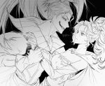  1boy 1girl bare_shoulders black_background breasts cape clown commentary_request detached_sleeves dress earrings facepaint final_fantasy final_fantasy_vi fingernails gloves hair_ribbon highres holding_another's_wrist jewelry kefka_palazzo korean_commentary long_hair looking_at_another makeup medium_breasts monochrome parted_bangs pointy_ears ponytail ribbon shh_gdr smile strapless sweat terra_branford 