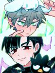  2boys alien_stage animal_on_head badtz-maru beak bird black_eyes black_gloves black_hair cinnamoroll closed_mouth commentary crossed_arms eighth_note fang fang_out finger_to_face fuwa_fuwa_cinnamoroll gloves green_eyes grey_hair hair_between_eyes heart highres ivan_(alien_stage) jl_seiko male_focus multiple_boys musical_note on_head penguin red_pupils sanrio short_hair thick_eyebrows till_(alien_stage) untranslatable_commentary very_short_hair 