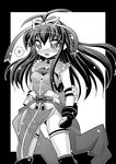  absurdres fang fingerless_gloves gloves greyscale hair_ribbon hatara highres lyrical_nanoha magical_girl mahou_shoujo_lyrical_nanoha_vivid monochrome ribbon rio_wezley solo thighhighs waist_cape 