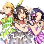  3girls :d ahoge antenna_hair bare_shoulders black_hair blonde_hair blue_hair breasts change_2_my_color_(idolmaster) cleavage commentary_request dress earrings green_dress green_eyes grey_dress grey_eyes hair_ornament highres holding holding_microphone hoshii_miki idolmaster idolmaster_(classic) idolmaster_2 jewelry kikuchi_makoto long_hair microphone mihen miura_azusa multiple_girls official_alternate_costume one_eye_closed open_mouth purple_dress red_eyes short_hair simple_background single_strap smile standing star_(symbol) star_earrings star_hair_ornament striped_clothes striped_dress vertical-striped_clothes vertical-striped_dress white_background 