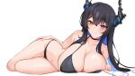  1girl absurdres asymmetrical_horns bare_shoulders bikini black_bikini black_hair black_horns blue_hair blush breasts cleavage commentary english_commentary full_body halterneck highres hololive hololive_english horns large_breasts mole mole_under_eye multicolored_hair navel nerissa_ravencroft panpanmc4 purple_eyes simple_background solo string_bikini swimsuit triangle_bikini_top two-tone_hair uneven_horns virtual_youtuber white_background 