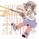  1girl absurdres black_hair blue_shoes blue_skirt blush_stickers bocchi-ya-nawi border brown_background brown_eyes brown_hat commentary_request cowboy_hat drop_shadow fanning firing green_sailor_collar grin gun hat highres holding kantai_collection miyuki_(kancolle) one_eye_closed pants pants_under_skirt pleated_skirt red_pants revolver sailor_collar school_uniform serafuku shirt shoes short_hair skirt smile solo text_background track_pants weapon white_border white_shirt 