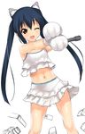  ;d a1 absurdres animal_ears black_hair blush brown_eyes cat_ears cat_paws flat_chest highres k-on! long_hair microphone midriff nakano_azusa navel non-web_source one_eye_closed open_mouth paws skirt smile solo twintails 