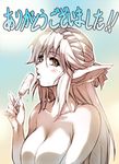  blush brown_eyes elf food hisahiko licking long_hair monochrome original pointy_ears popsicle sepia solo spot_color sweat tongue 
