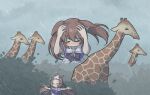  >_< 2girls ^_^ animal animal_ears arms_up blurry blurry_background blush breasts brown_hair charisma_guard closed_eyes closed_mouth commentary cowering giant giantess giraffe hair_ornament hands_on_own_head hishi_akebono_(umamusume) horse_ears horse_girl long_hair low_twintails medium_breasts multicolored_hair multiple_girls photo-referenced rain scene_reference school_uniform smile summer_uniform takiki tracen_school_uniform twintails two-tone_hair typhoon umamusume very_long_hair white_hair wind yamanin_zephyr_(umamusume) 