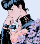  1boy anchor_symbol arm_up black_hair blue_eyes closed_mouth collarbone collared_jacket commentary crew_neck diamond_wa_kudakenai earrings english_commentary flower flower_request from_side frown grey_background hand_on_own_chin heart higashikata_josuke highres jacket jewelry jojo_no_kimyou_na_bouken long_sleeves male_focus orange_shirt piercing plant pompadour profile purple_flower rubynnam shirt short_sideburns sideburns simple_background solo stud_earrings upper_body 