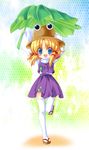  :d bad_id bad_pixiv_id blonde_hair blue_eyes blush_stickers child eyes full_body hand_on_headwear happy hat leaf_umbrella legs moriya_suwako open_mouth ratise sandals short_hair smile solo standing standing_on_one_leg thighhighs touhou white_legwear zettai_ryouiki 