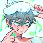  1boy alien_stage animal_on_head choker cinnamoroll commentary finger_to_face fuwa_fuwa_cinnamoroll green_eyes grey_choker grey_hair hair_between_eyes jl_seiko male_focus on_head sanrio short_hair till_(alien_stage) very_short_hair 