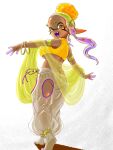  1girl alternate_costume ass blonde_hair breasts colored_eyelashes colored_tongue commentary_request cropped_shirt fang frye_(splatoon) hair_ornament harem_outfit harem_pants highres large_breasts looking_at_viewer open_mouth pants pointy_ears purple_tongue shirt shoes sideboob solo splatoon_(series) t2ukmyjm teeth underboob upper_teeth_only white_shoes x_hair_ornament yellow_eyes yellow_shirt 