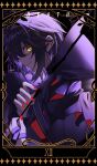  1boy black_background black_border black_hair border card_(medium) closed_mouth commentary_request death_(tarot) earrings english_commentary english_text fang from_side glowing glowing_eyes hands_up highres holding hood hood_down hoop_earrings jewelry long_sleeves looking_at_viewer looking_to_the_side male_focus mashiro_meme medium_hair mixed-language_commentary nail_polish nijisanji nizisharp5178 official_alternate_costume profile purple_hood red_nails roman_numeral safety_pin_hair_ornament sidelocks skin_fang smile solo tarot tarot_(medium) upper_body virtual_youtuber yellow_eyes 