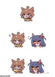  2girls ahoge animal_ears black_hair blush brown_hair buruma chibi chibi_only commentary dark-skinned_female dark_skin ear_covers ear_ornament ear_scrunchie eating eating_non-food fang gym_shirt hair_between_eyes hair_ornament hair_tuft hairclip highres hishi_amazon_(umamusume) horse_ears horse_girl horse_tail jacket laughing long_hair looking_at_another multicolored_hair multiple_girls open_mouth pants pointing purple_eyes red_buruma red_eyes red_jacket red_pants red_scrunchie red_track_suit school_uniform scrunchie sharp_teeth shinko_windy_(umamusume) shirt short_hair sima_(startwitch) single_ear_cover smile striped_clothes striped_scrunchie tail teeth tracen_training_uniform track_jacket track_pants track_suit umamusume very_long_hair 