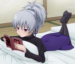  bed book darker_than_black feet hair_ribbon legs_up lying on_stomach pantyhose pillow ponytail pornography purple_eyes purple_skirt reading ribbon silver_hair skirt solo yin yukihanaok 