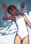  afloat armpits bottle braid brown_eyes brown_hair competition_swimsuit face flat_chest hair_over_shoulder hands long_hair lying one-piece_swimsuit original shade shimimaru solo swimsuit twin_braids white_swimsuit 
