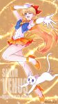  1girl aino_minako artemis_(sailor_moon) back_bow bishoujo_senshi_sailor_moon blonde_hair blue_eyes bow cat character_name choker commentary crescent crescent_facial_mark dj_jdite earrings elbow_gloves facial_mark gloves highres jewelry long_hair orange_choker orange_sailor_collar orange_skirt pleated_skirt revision sailor_collar sailor_senshi_uniform sailor_venus skirt smile white_cat white_gloves 