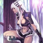  against_tree armor breasts bridal_gauntlets cleavage dark_skin earrings elf fantasy_masters gloves hairband jewelry kdog medium_breasts midriff navel pointy_ears profile solo tree weapon white_hair 