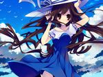  arms_up bad_id bad_pixiv_id bird blush brown_eyes brown_hair cloud day dress hat long_hair open_mouth original rugo sky solo sun_hat wavy_hair wind 