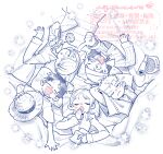  1girl 4boys blush book cigarette closed_eyes commentary_request drooling earrings hair_over_one_eye hat holding holding_book jewelry long_nose long_sleeves lying mitsubachi_koucha monkey_d._luffy monochrome multiple_boys nami_(one_piece) on_back one_eye_closed one_piece open_mouth pajamas pillow roronoa_zoro sanji_(one_piece) scar scar_on_cheek scar_on_face short_hair short_sleeves single_sidelock sleeping sleepwear sleepy spot_color star_(symbol) straw_hat straw_hat_pirates twitter_username under_covers upper_body usopp watermark 