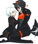  2girls afterimage android animal_ears ariane_yeong black_hair black_shrug blue_eyes dog_ears dog_girl dog_tail elster_(signalis) eve_(everotten) eye_contact grabbing_another's_chin hand_on_another's_chin heart highres kemonomimi_mode looking_at_another mechanical_ears multiple_girls open_mouth pawpads red_eyes short_hair shrug_(clothing) signalis simple_background sitting skin_seams tail tail_wagging v_arms wariza white_background white_hair yuri 
