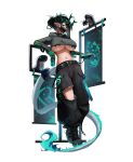  1girl 1other absurdres alternate_costume aqua_horns aqua_shoes areola_slip arknights belt bitey_(arknights) black_belt black_choker black_hair black_pants black_shoes breasts choker colored_extremities commentary creature crop_top deformed doctor_(arknights) dragon_bean_(arknights) dragon_girl dragon_horns dragon_tail dusk_(arknights) earrings eastern_dragon_horns eastern_dragon_tail full_body green_hands highres holding holding_spray_can hood hood_down horns huge_breasts jewelry knee_zipper looking_at_viewer making-of_available mask mouth_mask multicolored_shoes navel pants pointy_ears red_eyes shoes short_hair short_sleeves spray_can standing tail two-tone_shoes underboob yuki_(yuki_yu_owo) 