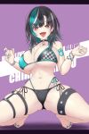  1girl absurdres alternate_costume aqua_hair barefoot bead_bracelet beads bikini black_choker black_hair bracelet breasts cameltoe character_name choker cleavage collarbone commentary_request copyright_name covered_nipples dai_zu_san earrings eyelashes full_body hair_between_eyes halterneck highres hololive hololive_dev_is jewelry large_breasts letterboxed looking_at_viewer medium_hair mole mole_on_neck multicolored_hair nail_polish navel no_nose o-ring o-ring_choker o-ring_thigh_strap open_mouth red_eyes rindo_chihaya shoulder_tattoo side-tie_bikini_bottom simple_background skindentation solo spread_legs squatting stomach streaked_hair string_bikini swimsuit tattoo teeth thick_thighs thigh_strap thighs toenail_polish toenails tongue tongue_out triangle_bikini_top two-tone_hair upper_teeth_only virtual_youtuber wheel_earring white_streaks 