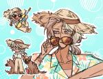  1girl alternate_costume aqua_background ball beachball collarbone commentary_request dark-skinned_female dark_skin eyewear_on_animal grey_hair hat hawaiian_shirt helga_(path_to_nowhere) highres holding holding_water_gun hyena korean_commentary mbcc_bori orange-tinted_eyewear pants path_to_nowhere petting purple_eyes removing_eyewear sandals shirt smile straw_hat tinted_eyewear water_gun yellow_pants 