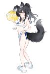  1girl absurdres animal_ears ass bare_arms bare_legs bare_shoulders black_hair blue_archive blue_eyes blue_sports_bra blush breasts cleavage clothes_lift commentary_request dog_ears dog_girl dog_tail from_behind hakumo0905 hibiki_(blue_archive) hibiki_(cheer_squad)_(blue_archive) highres holding holding_pom_poms long_hair navel official_alternate_costume official_alternate_hairstyle open_mouth pom_pom_(cheerleading) ponytail shoes skirt skirt_lift small_breasts solo sports_bra stomach tail two-tone_sports_bra white_shoes white_skirt white_sports_bra 