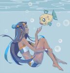  1girl arm_strap bare_legs barefoot bikini black_hair blue_bikini blue_eyes blue_hair braid breasts chinese_commentary commentary_request earrings feebas from_side highres holding_own_leg hoop_earrings in_water jewelry lanhoutao long_hair long_sidelocks multicolored_bikini multicolored_hair nessa_(pokemon) orange_bikini orange_hair parted_lips pokemon pokemon_(creature) pokemon_sword_and_shield sidelocks small_breasts solo straight_hair streaked_hair submerged swimsuit tankini thick_thighs thighs underwater white_bikini wrist_straps 