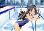  absurdres black_hair blue_eyes bow empty_pool fate/stay_night fate_(series) fence hair_bow highres iizuka_haruko leaning_forward long_hair looking_at_viewer non-web_source official_art one-piece_swimsuit one_eye_closed open_mouth pool pool_ladder reflection ribbon school_swimsuit solo sparkle swimsuit toosaka_rin two_side_up water wet 
