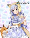  1girl animal animal_ears blue_eyes card_commentary commentary_request cowboy_shot fake_animal_ears fingernails fox fox_shadow_puppet game_asset hair_ornament hat hat_with_ears idolmaster idolmaster_million_live! idolmaster_million_live!_theater_days long_hair looking_down nail_polish official_art plaid_clothes plaid_skirt purple_nails purple_sailor_collar purple_skirt sailor_collar sailor_shirt see-through_clothes see-through_sleeves shiraishi_tsumugi shirt skirt solo standing third-party_source translation_request white_hair white_shirt x_hair_ornament 