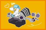  absurdres border closed_eyes commentary_request exhaust full_body heart highres kumaremomo no_humans notice_lines open_mouth orange_background orange_border outline pokemon pokemon_(creature) pokemon_focus quaxly riding riding_pokemon simple_background varoom white_outline 