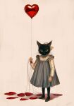 1girl animal_head balloon black_boots blue_dress boots cat commentary dress english_commentary full_body grey_background heart_balloon holding holding_balloon koto_inari long_sleeves looking_at_viewer original popped_balloon shirt simple_background solo standing whiskers white_shirt 