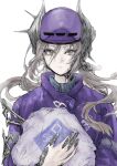  1girl absurdres alternate_costume bag commentary_request delivery grey_eyes grey_hair hair_ornament hand_up helmet highres holding holding_bag jacket long_hair looking_at_viewer plastic_bag purple_helmet purple_jacket reverse:1999 sentinel_(reverse:1999) solo upper_body white_background yurya_elfead 