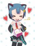  >_< 1boy :d animal_ear_headphones animal_ears black_skirt black_sleeves black_thighhighs blue_hair cat_ear_headphones cat_ears closed_eyes collared_shirt commentary_request cosplay cowboy_shot crossdressing crossdressing_(mtf) dancing detached_sleeves double-parted_bangs fake_animal_ears fast_food hatsune_miku hatsune_miku_(cosplay) headphones heart highres made_in_abyss male_focus maruruk mcdonald's miniskirt musical_note necktie open_mouth pleated_skirt red_necktie shakacat shirt short_hair skirt sleeveless sleeveless_shirt smile solo striped_clothes striped_shirt thighhighs trap vocaloid white_shirt xd ximu_shilang 