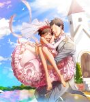  1boy 1girl :d absurdres antenna_hair barefoot black_hair blush bridal_veil carrying church closed_eyes commentary_request day dress elbow_gloves faceless faceless_male feet flower frilled_dress frills gloves grey_jacket grey_pants hair_flower hair_ornament hetero highres idolmaster idolmaster_(classic) idolmaster_1 jacket kikuchi_makoto mihen open_mouth outdoors pants pink_dress pink_gloves princess_carry producer_(idolmaster) red_flower red_rose rose short_hair smile standing toenails toes veil wedding_dress 