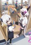  6+girls ahoge bento blonde_hair blue_skirt blush blush_stickers bread breasts cake character_request choker commentary_request cucumber desk detached_wings erpin_(trickcal) fang food gold_halo gold_tiara grey_eyes grey_hair halo halo_behind_head headband highres holding holding_bento humanization humanoid_robot joints korean_commentary kyuri_(trickcal) large_breasts long_hair looking_at_viewer low_twintails mask medium_hair miniskirt mouth_mask multicolored_hair multiple_girls multiple_halos neckerchief open_mouth pleated_skirt pointy_ears red_eyes renewa_(r41)_(trickcal) renewa_(trickcal) robot robot_girl robot_joints sailor_collar school_desk school_uniform semi-rimless_eyewear serafuku shirt short_hair sibeoji skirt smile socks streaked_hair summer_uniform thighhighs tig_(trickcal) trickcal twintails uros_(trickcal) very_long_hair white_hair white_sailor_collar white_shirt wings 