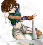  armor ashiyu_(ashmouautz) bad_id bad_pixiv_id bare_shoulders black_eyes brown_hair final_fantasy final_fantasy_vii fingerless_gloves fishnets gloves looking_back looking_up midriff navel origami short_hair shorts sleeveless sleeveless_turtleneck solo turtleneck yuffie_kisaragi 