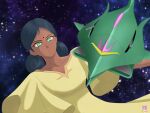  1girl absurdres artist_logo artist_name asian_indian_clothes beam_cannon bindi black_hair blurry blurry_background commentary_request dark-skinned_female dark_skin derivative_work desi dress elmeth green_eyes gundam highres lalah_sune logo mecha mobile_armor mobile_suit_gundam nebula nyahoekaki1 robot scene_reference science_fiction serious signature space spacecraft star_(sky) tunic zeon zero_gravity 