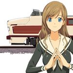  a1 absurdres blue_eyes brown_hair ground_vehicle hands highres jewelry locomotive long_hair maria-sama_ga_miteru necklace non-web_source school_uniform smile solo steepled_fingers toudou_shimako train 