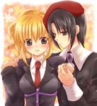  1girl beret black_hair blonde_hair couple hat hetero holding_hands kanon_(umineko) maekawa_suu necktie ponytail umineko_no_naku_koro_ni ushiromiya_jessica 