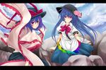  blue_hair capelet food fruit hat hinanawi_tenshi letterboxed light_rays long_hair looking_at_viewer multiple_girls nagae_iku peach purple_eyes rimu_(kingyo_origin) shawl sitting smile sunbeam sunlight touhou 