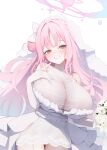 1girl bare_shoulders blue_archive blush bouquet bow breasts commentary crescent crescent_earrings dress earrings elbow_gloves flower garter_belt gloves grin hair_bow hair_bun halo highres holding holding_bouquet huge_breasts jewelry long_hair looking_at_viewer mika_(blue_archive) pink_hair pink_halo pink_lips saki_(saki_paint) single_side_bun smile solo thighs veil white_bow white_dress white_flower white_garter_belt white_gloves white_veil yellow_eyes 