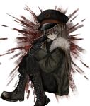  1girl black_gloves black_pants blood blood_splatter boots brown_coat brown_hair coat commentary_request desert_eagle gloves gun gun_to_own_head handgun hat highres long_hair nns964 original pants peaked_cap sitting smile sweat trembling weapon white_background 