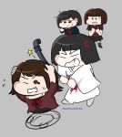  4girls amakura_mayu amakura_mio anger_vein angry arm_at_side arms_up black_camisole black_hair black_shirt black_shoes black_skirt blank_eyes blood blood_on_clothes blue_sailor_collar blue_shirt blunt_bangs bob_cut brown_camisole brown_eyes brown_shirt camisole camisole_over_clothes chibi chibi_only clenched_teeth closed_mouth commentary crossover english_commentary fatal_frame fatal_frame_ii:_crimson_butterfly fleeing flying_sweatdrops full_body grey_background grey_socks hand_up hands_on_own_chest hands_on_own_head hands_up highres hitting holding holding_lead_pipe japanese_clothes kimono kurosawa_sae lead_pipe long_sleeves looking_ahead looking_at_another miniskirt multiple_girls neckerchief one_eye_closed red_neckerchief red_ribbon ribbon right-over-left_kimono sailor_collar school_uniform serafuku shimizu_hinako shirt shoes short_sleeves siblings silent_hill_(series) silent_hill_f simple_background sisters skirt socks solid_circle_eyes standing star_(symbol) suger_(nadifashafira) sweatdrop tearing_up teeth twins twitter_username v-shaped_eyebrows wheel_o_feet white_kimono 