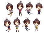  1girl :3 ;) another_casual_(idolmaster) antenna_hair black_hair black_shirt black_tank_top blue_pants chibi chibi_only clothes_around_waist commentary_request green_shorts grey_eyes grey_jacket highres idolmaster idolmaster_(classic) idolmaster_1 idolmaster_2 idolmaster_live_for_you! idolmaster_one_for_all idolmaster_sp jacket kikuchi_makoto looking_at_viewer mihen multiple_views nexus_casual_(idolmaster) one_eye_closed pants pink_vest shirt shoes short_hair shorts simple_background smile tank_top track_jacket vest white_background white_jacket white_shoes yellow_jacket 