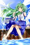  barefoot detached_sleeves feet food frog green_eyes green_hair hair_ornament kochiya_sanae legs long_hair popsicle rozen5 sitting snake soaking_feet solo splashing touhou water 