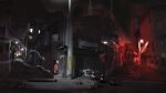 air_conditioner alley blood blood_splatter brown_shoes closed_eyes dark_alleyway detached_arm eyeball highres holding holding_knife knife lamppost madotsuki outdoors pink_shirt pink_skirt red_light road scenery shirt shoes sign skirt socks street third-party_source traffic_cone white_socks window yume_nikki yume_nikki_dream_diary 