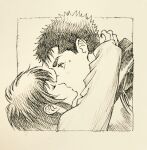  1boy 1girl absurdres alternate_hair_length_(longer) arm_around_neck armor berserk blush border casca_(berserk) closed_eyes commentary_request facing_another guts_(berserk) highres kiss long_hair long_sleeves looking_at_another monochrome okojjo_(unbleachedtitanium) outside_border parted_bangs profile scar scar_on_face scar_on_nose short_hair shoulder_armor sidelocks simple_background sketch spiked_hair surprise_kiss surprised sweat sweatdrop white_background white_border 