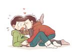  2boys blue_pants brothers commentary_request covering_another's_mouth denim drawstring flying_sweatdrops green_hoodie hand_on_another's_waist heart heart_in_mouth hood hood_down hoodie incest jeans long_sleeves male_focus matsuno_choromatsu matsuno_osomatsu multiple_boys one_eye_closed open_mouth osomatsu-san osomatsu_(series) pants red_hoodie rejected_kiss sawarabi siblings socks twins yaoi 